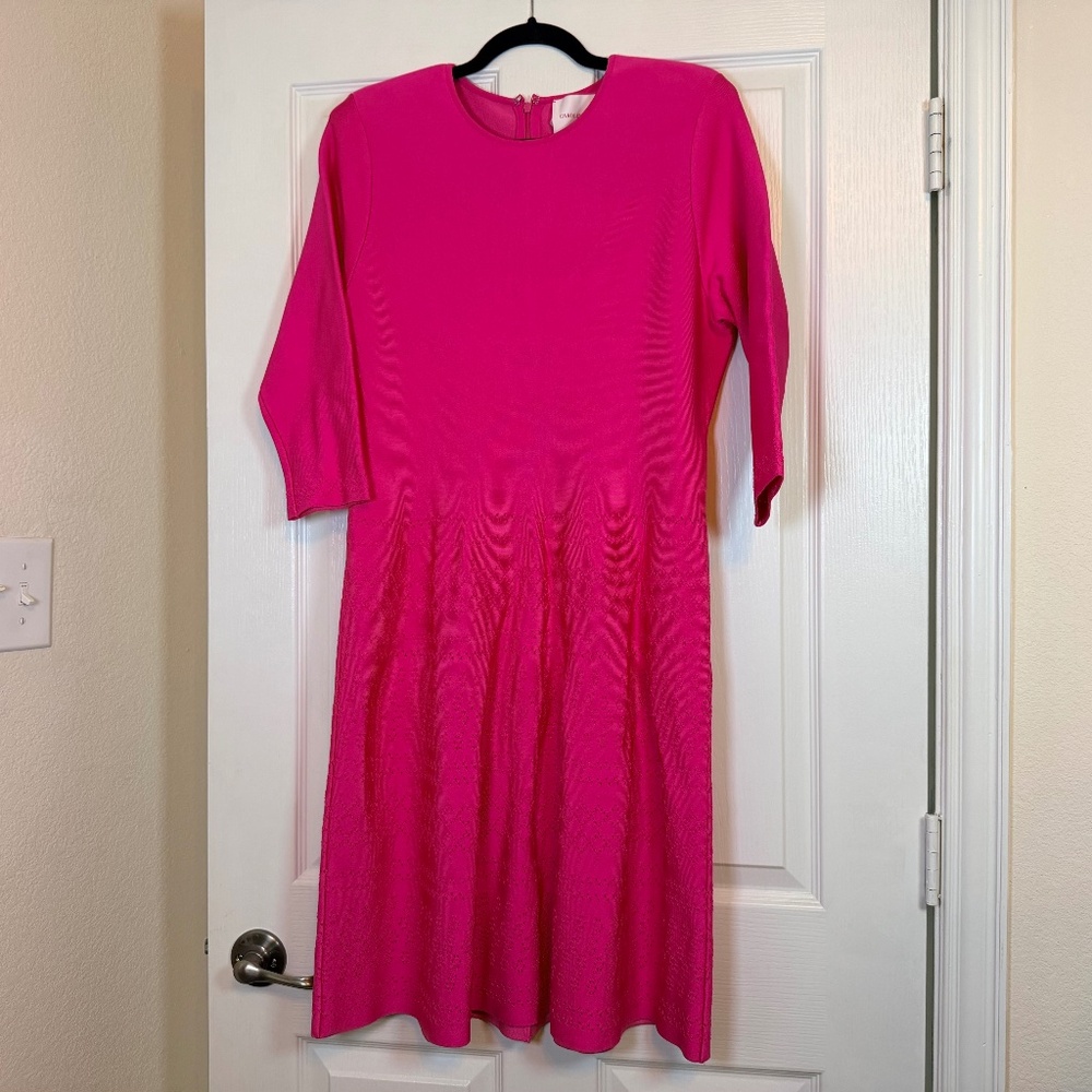 CAROLINA HERRERA - Bright Pink Knit Fit and Flare Dress with Perforated him